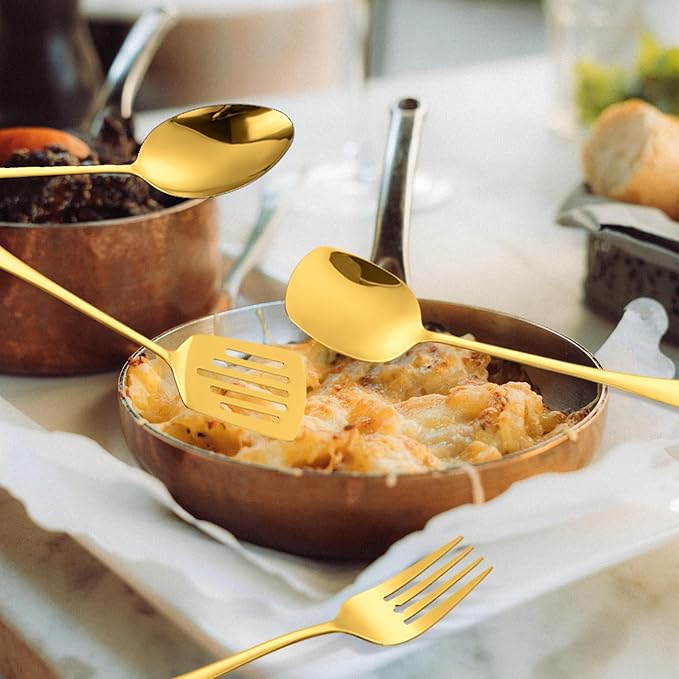 HOUSEWARE Gold Catering Utensils Set,11 Pieces Stainless Steel Flatware Serving Set for Buffet Party include Cake Knife Cutter Large Fork Spoon ladle Skimmer Spatula Turner Server