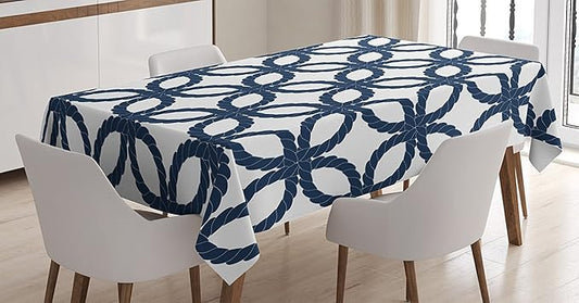 Ambesonne Navy Blue Tablecloth, Geometric Twisted Woven Motifs Artprint with Oriental Patterns Design, Rectangular Table Cover for Dining Room Kitchen Decor, 60" X 90", Sky Blue