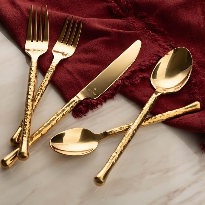 Glam Forged 20-Piece Titanium Gold Silverware Set, 18/10 Stainless Steel Flatware Service for 4, Shiny Gold Flatware, Unique Cutlery Set for Home Kitchen Restaurant Wedding, Dishwasher Safe