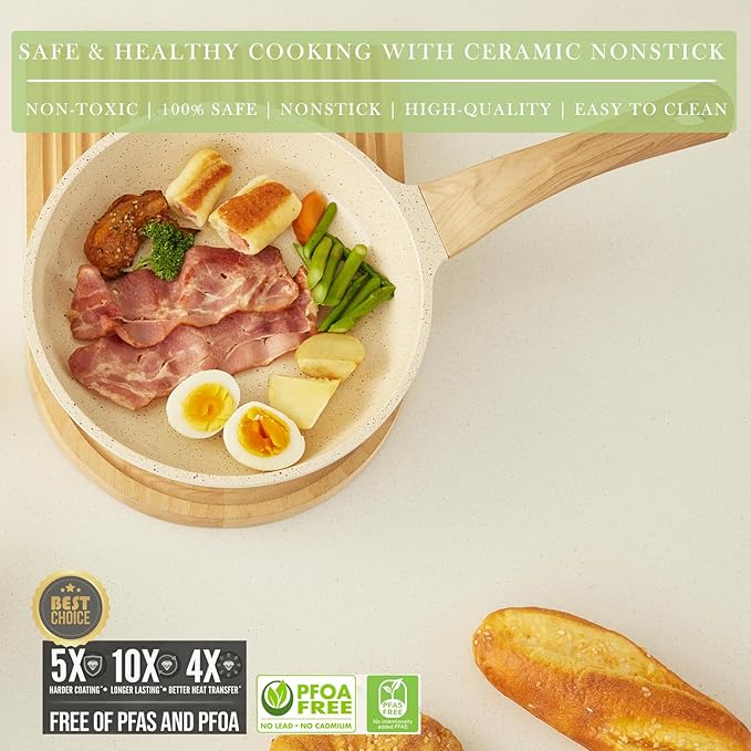 Pots and Pans Set Non Stick, Healthy Ceramic Cookware Set, 3pcs Kitchen Pots Frying Pan Saucepan, PFAS-Free, Pink