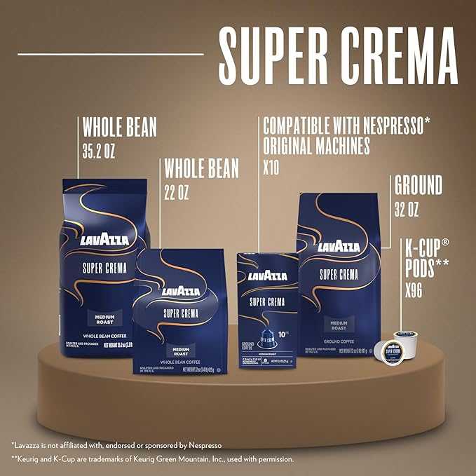Lavazza Super Crema Whole Bean Coffee, Medium Espresso Roast, Arabica and Robusta Blend, 2.2 lb Bag, Package May Vary (Pack of 1)