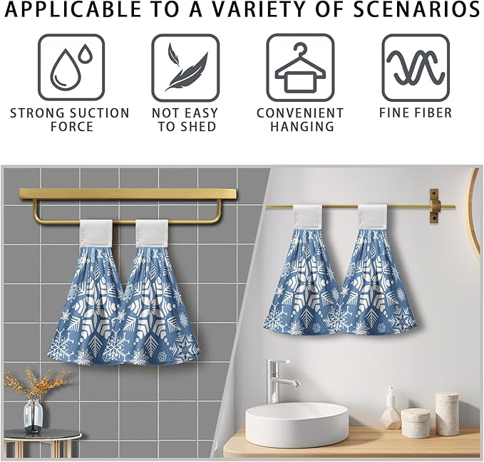 Snowflakes Winter Hanging Kitchen Towels Blue Snow Hand Tie Towel for Bathroom Holiday Decor Soft Absorbent Hanging Dish Towels for Home Accessories