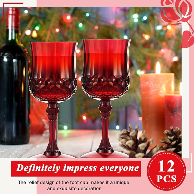 Pinkunn 12 Pcs 7 oz Plastic Vintage Wine Glasses Reusable Colored Goblets Patterned Drinking Water Glasses Cup Dishwasher Safe for Christmas Wedding Reception Party Supplies (Red)