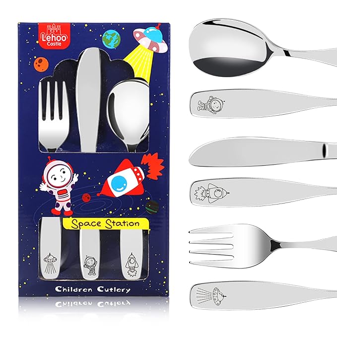 Lehoo Castle Kids Stainless Steel 6PCS Kids Utensils Forks, Spoons and Knives Set, Flatware Set (Space Collection)