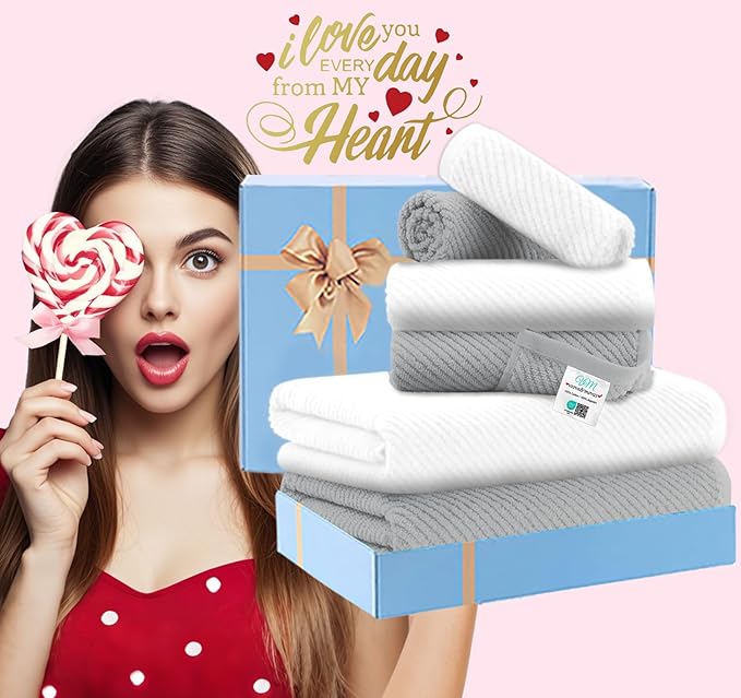 VOOVA & MOVAS Bathroom Towel Set - 100% Cotton | Soft | Quick Dry, Towel Set of 6, 2 Large Bath Towels 30"x56", 2 Hand Towels 18"x28", 2 Washcloths 13"x13", Bathroom Essentials, Grey and White