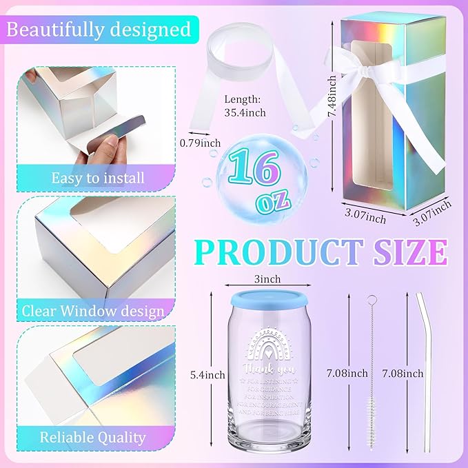 Layhit 12 Set Employee Appreciation Gifts Thank You Glass Cups for Staff Coworker 16 oz Can Shaped Beer Glass with Lids Straws Brushes Gift Boxes Ribbon for Nurse Teacher Week Mothers Day(Team B)