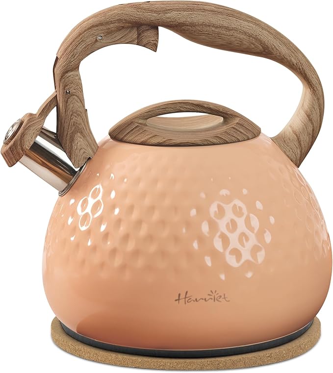 harriet Tea Kettle, Tea Pot for Stovetop, 2.5QT Whistling Kettle with 5-Layers bottom, Food Grade Stainless Steel Kettles with Hot-Resistant Handle Gas Electric Applicable, Peach