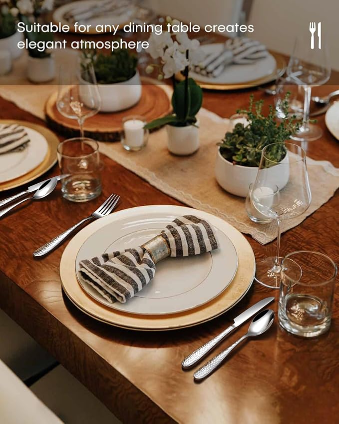 Hammered Silverware Set, Ollex 60-Piece Silver Flatware Set for 12 Mirror Finish Stainless Steel Eating Utensils Sets Include Forks Spoons and Knives Tableware Kitchen Cutlery Sets, Dishwasher Safe