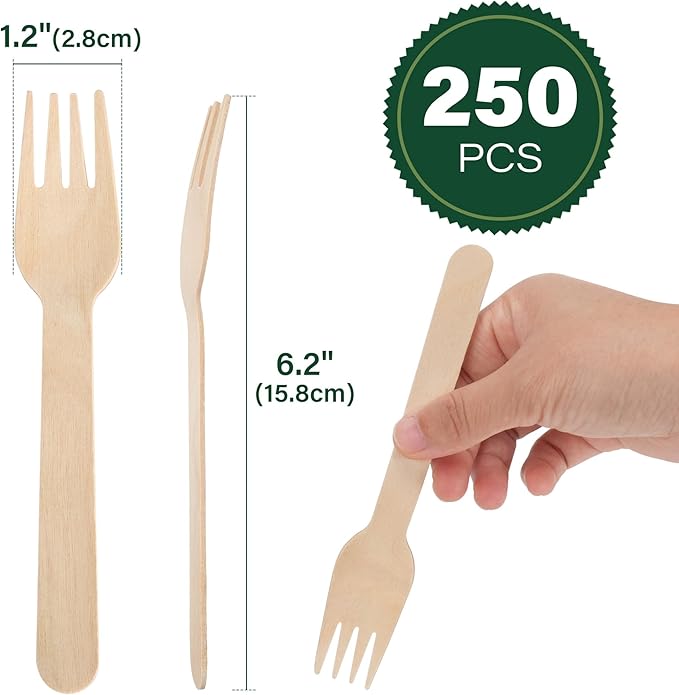 LotFancy Disposable Forks, 250 Pcs Wooden Forks, 6.2inch Compostable Biodegradable Eco-friendly Forks, Great for Dinner Camping Picnics, Party Supplies