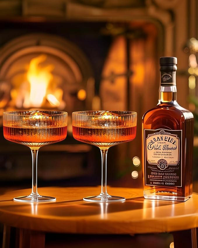 4 Pcs Coupe Glasses, Hand Blown 10 oz Cocktail Glasses, Ribbed Martini Glasses, Gift Boxed Drinking Glasses Set Pefect for Espresso Martini, Manhattan, Cocktail, Wine, Champagne