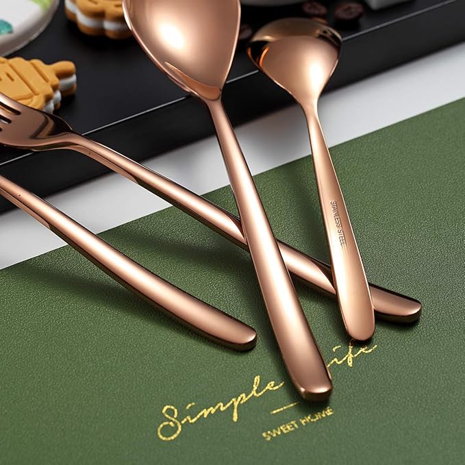 Silverware Set 20 Pieces, Stainless Steel Flatware Set, Titanium Plated Rose Gold Cutlery with Copper Utensils for 4