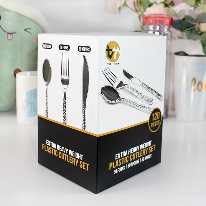 120 Pcs Disposable Cutlery Set, Silvery Plastic Silverware,60 Forks, 30 Spoons, 30 Knives, Heavy Duty Flatware for Holidays, Parties, Dinners, Weddings, and Occasions