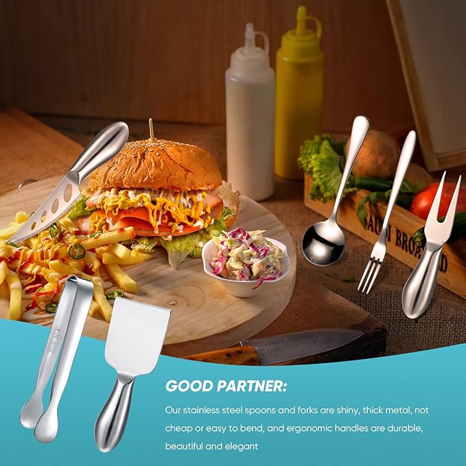 Patelai Charcuterie Board Accessories Cheese Spreader Knife Set Charcuterie Utensils Butter Knife Stainless Steel Mini Serving Tongs Spoons Appetizer Forks for Pastry Christmas(Silver,18 Pieces)