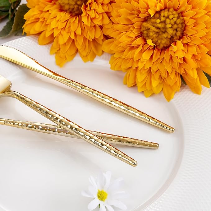 Rubtlamp 180 Pcs Gold Plastic Silverware - Disposable Plastic Utensils - Hammered Plastic Forks And Spoons - Gold Plastic Cutlery Set Include 60 Forks, 60 Knives And 60 Spoons for Party