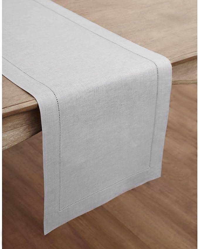 Solino Home Linen Soft Grey Table Runner 36 Inches - Classic Hemstitch, 100% Pure Linen Coffee Table Runner 14 x 36 Inch Ideal for Dresser Tables - Winter, New Year