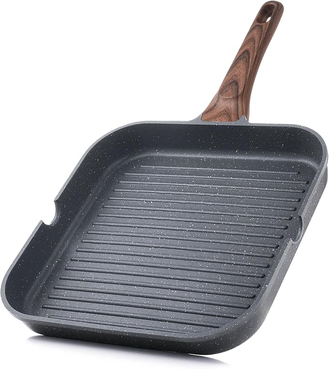 SENSARTE Nonstick Grill Pan for Stove Tops, Versatile Griddle with Pour Spouts, Square Big Cooking Surface, Durable Skillet Indoor & Outdoor Grilling. PFOA Free, 9.5 Inch