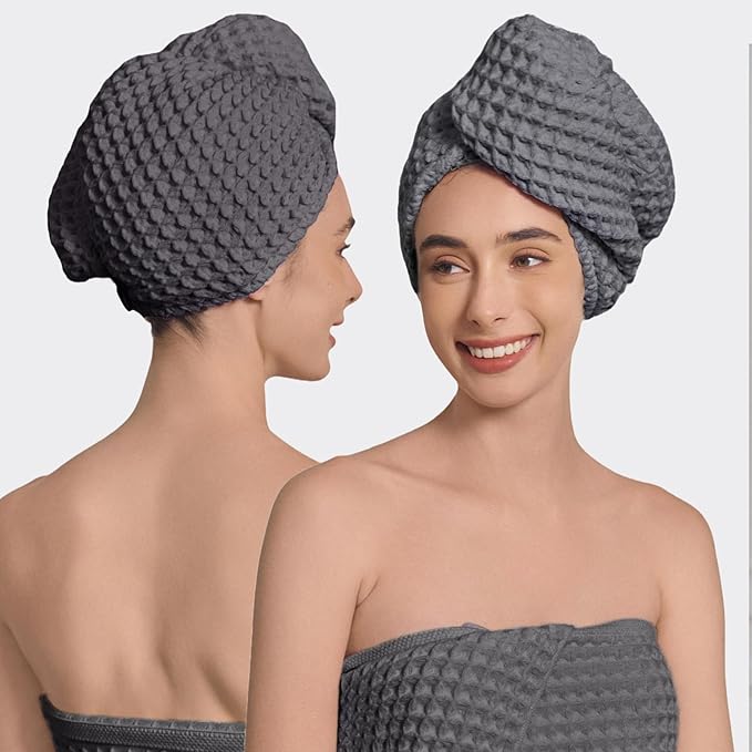 100% Organic Cotton Hair Drying Waffle Towel Wrap for Women | Absorbent & Quick Dry Head Turban for Wet Hair in Shower Sauna Spa, Extra Large for Long Straight Curly Plopping Button (Grey, 1 PACK)
