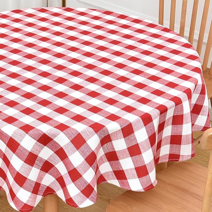 Gingham Round Tablecloth Table Cloth Heavy Duty Cotton Checkered Table Cloth Round Cover for Dining Room (R-Red, 53 inch Diameter)
