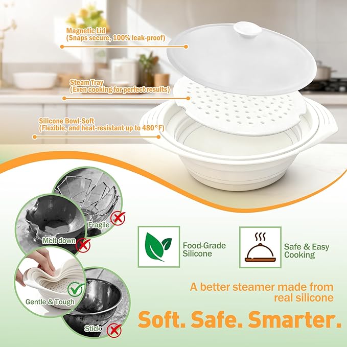 44oz White Silicone Steamer Microwave, Collapsible Vegetable Steamer Microwave with Magnetic Lid, Space-Saving Design, Dishwasher Safe Silicone Bowl for Cooking Veggies, Dumplings, Healthy Cooking