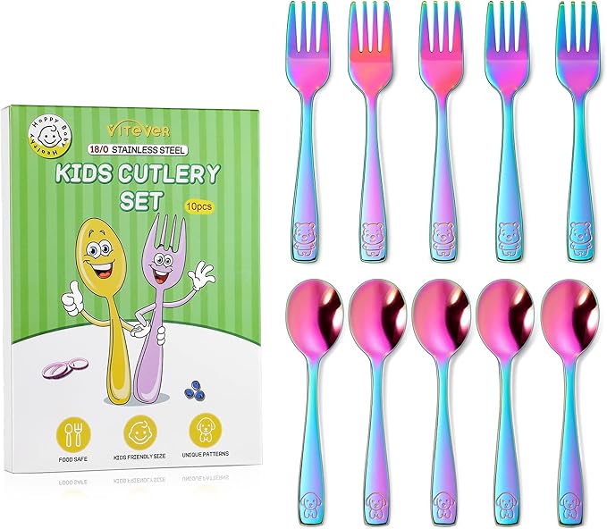 VITEVER 10 Pack Toddler Utensils, Stainless Steel Rainbow Silverware Set for Kids, Children Safe Cutlery Set Includes Forks and Spoons - Dishwasher Safe