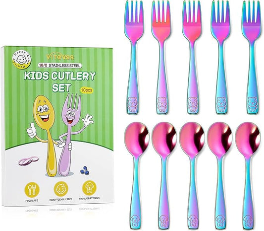 VITEVER 10 Pack Toddler Utensils, Stainless Steel Rainbow Silverware Set for Kids, Children Safe Cutlery Set Includes Forks and Spoons - Dishwasher Safe