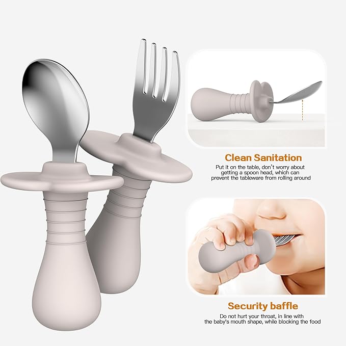 2 Pieces Toddler Utensils Forks and spoons set, Stainless Steel Childrens Silverware for Safe flatware Metal Kids Cutlery set with Round Handle, BPA Free, Anti-Choke Design (Grey)