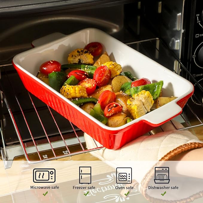Hasense Ceramic Baking Dishes, Casserole Dishes for Oven, Rectangular Lasagna Pans Deep, 9 x 13 Inches Baking Pan with Handle, Easy to Clean, Mother's Day & Christmas Gift, Red