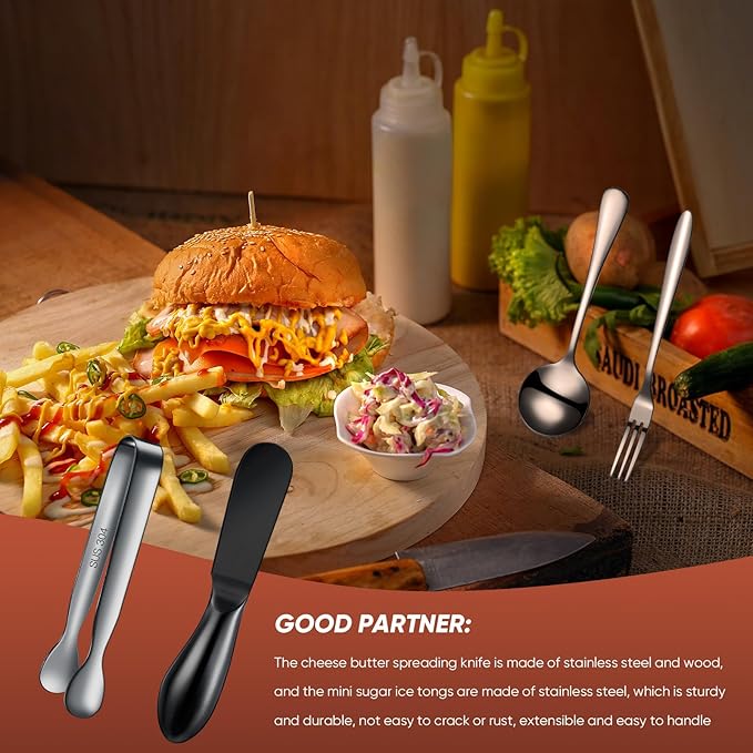 14 Pieces Charcuterie Board Accessories Cheese Spreader Knives Set Stainless Steel Charcuterie Utensils Spreader Knives Mini Serving Tongs Spoons and Forks for Cheese and Pastry Making (Black)