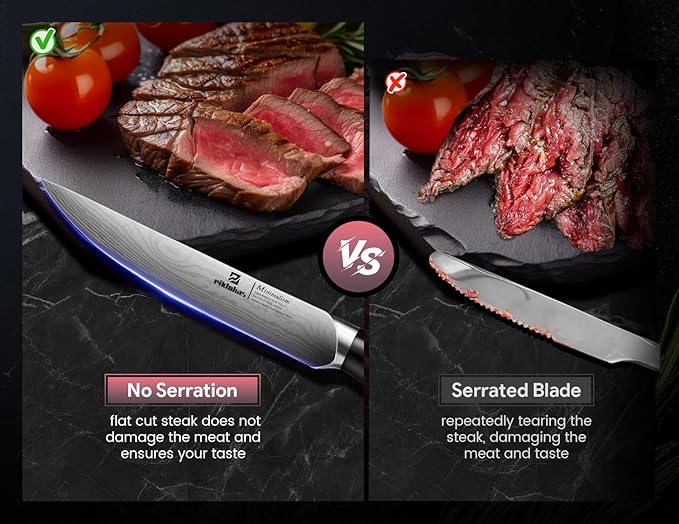 Steak Knives Set of 8 with Drawer Organizer Built-in Sharpener, 4.6 Inch Non Serrated Dinner Knife, Forged German Steel Damascus Pattern Straight Edge Meat Knife with Full Tang Handle, Black