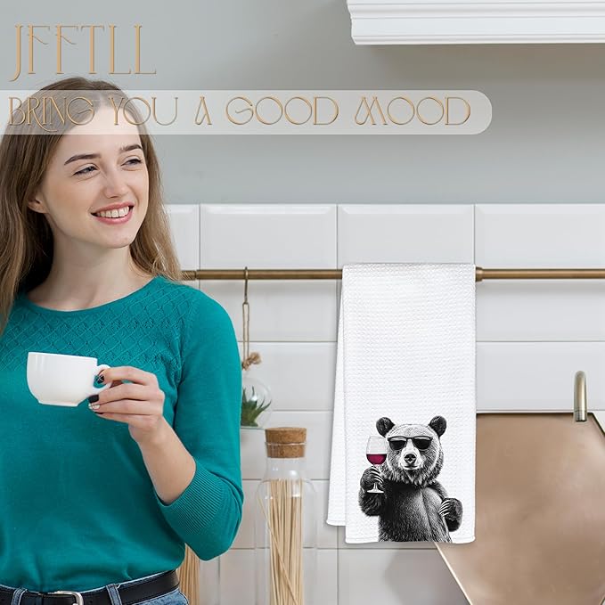 Funny Bear Wine Kitchen Towels, Black Bear Gifts Dish Tea Towels for Kitchen Decor, Bar Towel for Bartender Kitchen, Wine Lover Gift, 16x24 Inch