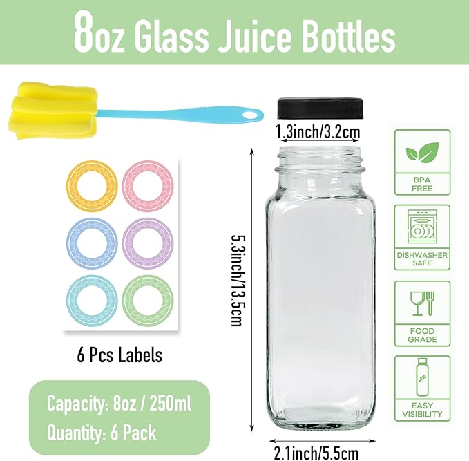 6 pack 8 oz Glass Juice Bottles with Lids, 250 ml Reusable Glass Water Bottles, Empty Drink Containers Drinking Jars with Brush, for Milk, Juicing, Kombucha, Ginger