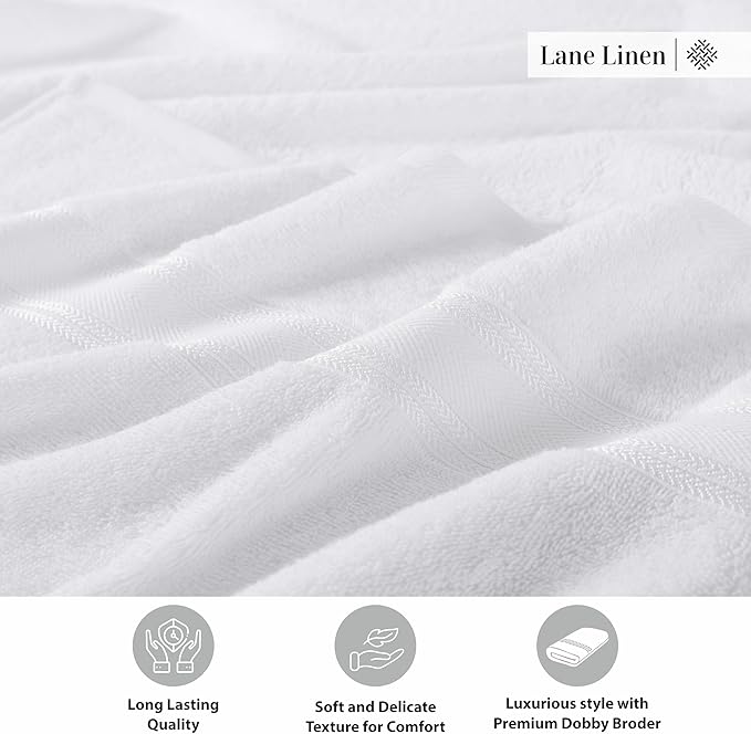 LANE LINEN 100% Cotton 4 Pack Bath Towels (28"x54") - Zero Twist, Cotton - Large Towels for Bathroom - Quick Drying, Highly Soft & Absorbent Shower Towel Set - Hotel & Spa Quality - White Towel Set