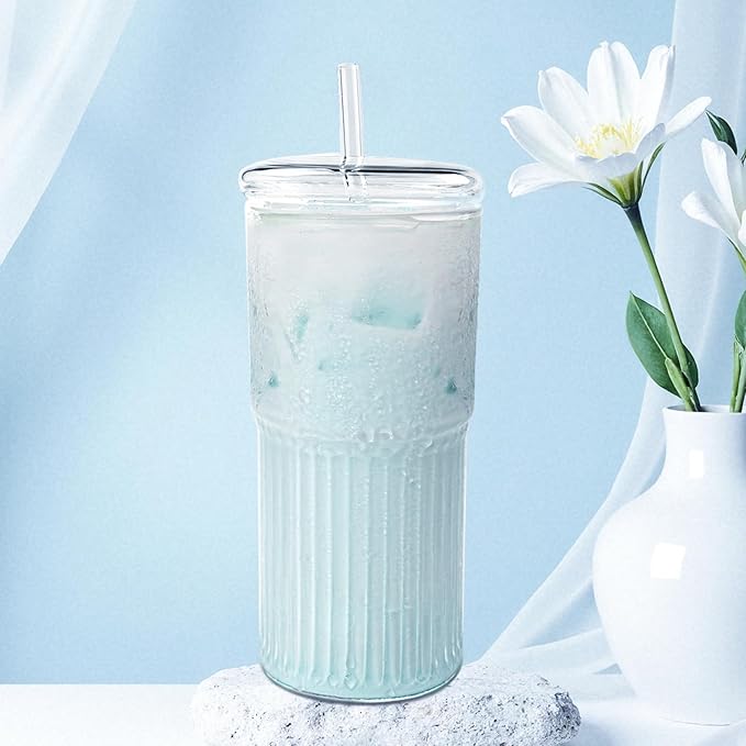 Glass Cups with Lids and Glass Straws, High Borosilicate 20OZ Tumblers (2Pcs) for Coffee, Tea, Juice, Smoothies, Hot/Cold Drinks at Home, Office