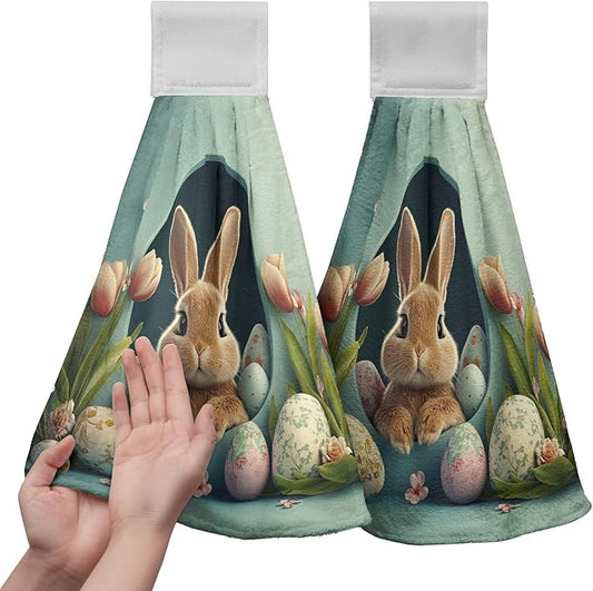 Easter Bunny Hanging Kitchen Towels 2 Pcs Easter Rabbit Eggshell Dish Tie Towels Spring Tulip Flowers Hand Towel with Hanging Loop for Bathroom Soft Home Kitchen Decor