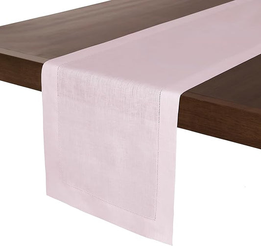 D'Moksha Homes Linen Pastel Pink Table Runner 120 Inches Long - 100% Pure Linen Hemstitch 14 x 120 Inch Table Runner for Dining, Winter, Holiday, New Year - Classic Hemstitch