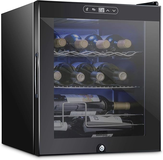 Schmecke 12 Bottle Compressor Wine Cooler Refrigerator w/Lock | Large Freestanding Wine Cellar | 41f-64f Digital Temperature Control Wine Fridge For Red, White, Champagne or Sparkling Wine - Black
