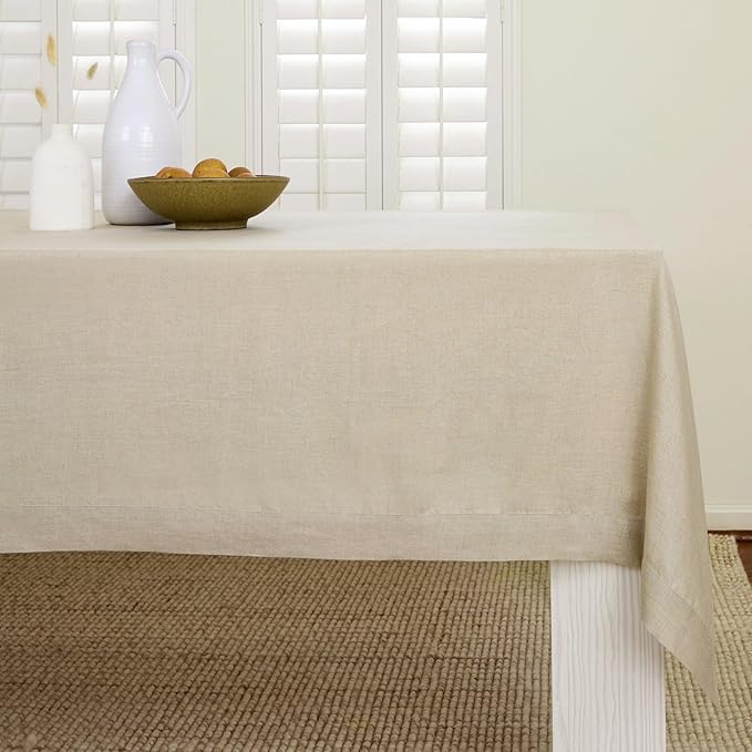 Solino Home Linen Natural Tablecloth 60 x 108 Inch - 100% Pure Linen Rectangular Tablecloth - Machine Washable Table Cloth for Holiday, New Year - Fete