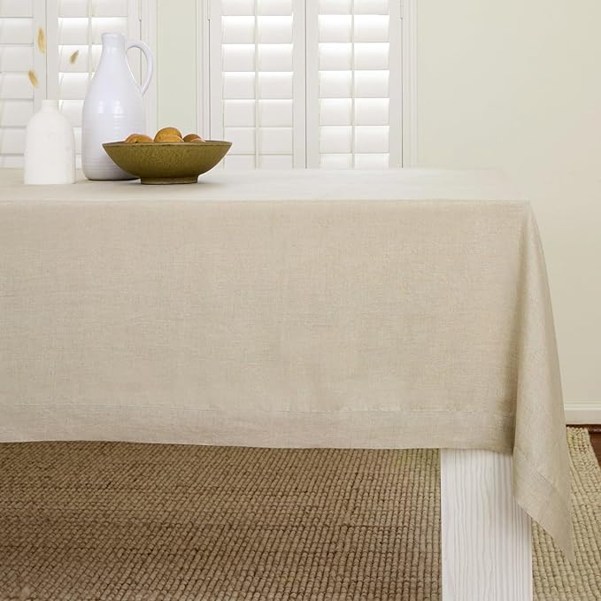 Solino Home Linen Natural Tablecloth 60 x 90 Inch - 100% Pure Linen Rectangular Tablecloth - Machine Washable Table Cloth for Holiday, New Year - Fete