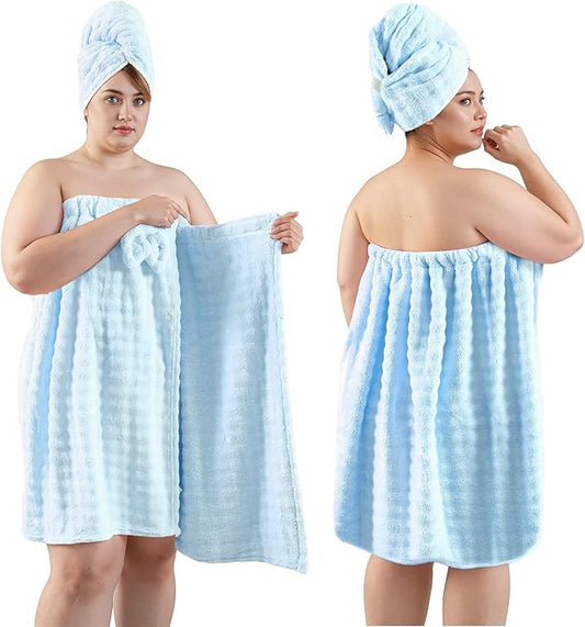REDKISS Blue Towel Wrap for Women, XL Spa Shower Wrap with Hair Towel, Super Absorbent Bath Towels Robe for Body, Adjustable Microfiber Plush Bathrobe for Girls, Warmth Velcro Plus Size Wraps Towels