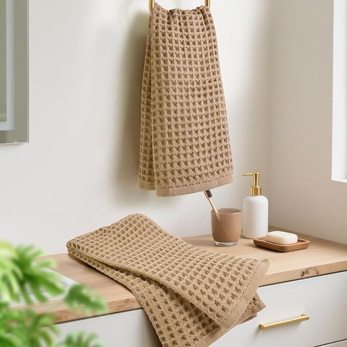 Jacquotha Waffle Bathroom Hand Towels 2-Piece (Tan) – Cotton, Soft, Lightweight, Lint Free, 13” x 29”