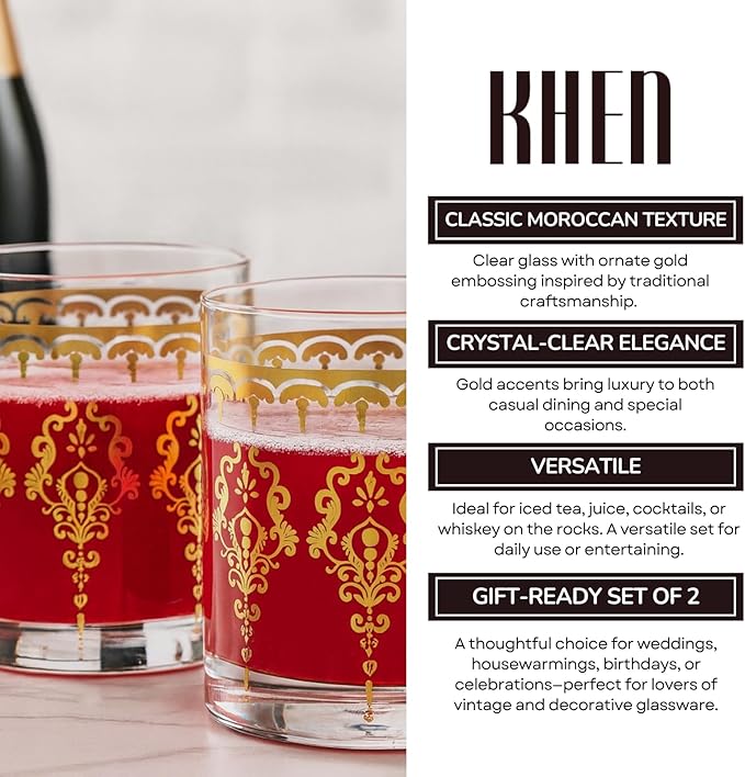 Khen Clear Moroccan Tumbler Glassware | Set of 2 | Gold Ornate Vintage Decorative Drinking Cups, Retro Bohemian Pattern Barware for Water, Whiskey, Cocktail, Iced Tea, Durable Embossed Home Drinkware
