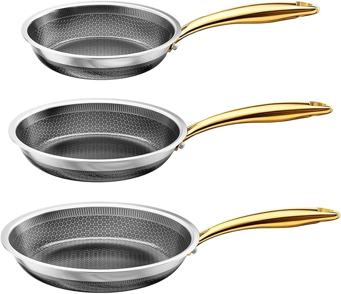 Fogdream 8"10"12" Stainless Steel Pan, Non Stick Frying Skillet, Tri-Ply Stainless Steel for All Cooktops, Dishwasher and Oven-Safe Cooking Pan, Stay-Cool Handle, Gold