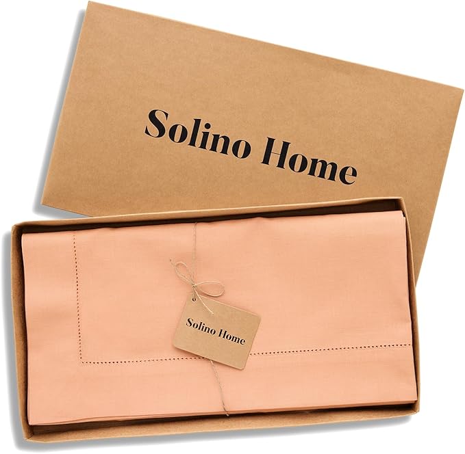 Solino Home Cotton Linen Tablecloth 52 x 52 Inch - Hemstitch Peach Bloom Square Tablecloth - Machine Washable Table Throw