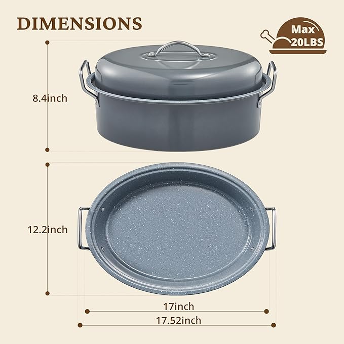 BRONYPRO Large Turkey Roasting Pan with Lid & Rack, 18-Inch Durable Granite Non-Stick Roaster, 20 lb Capacity for Roasting Turkey, Chicken, or Vegetables, Light Gray