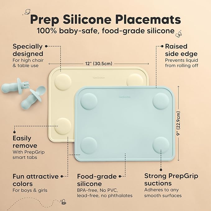 KeaBabies 2-Pack Silicone Placemats for Toddlers - 12x9 Non Slip Suction Baby Silicone Placemat for Kids Eating, Easy to Clean, Busy Travel Baby Mat for Dining Table, Food Grade/BPA-Free (Pastel Sky)