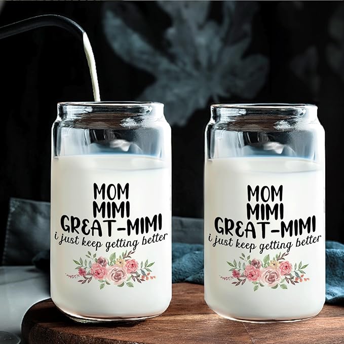 Christmas Grandmother Gifts For Mom Mimi Great Mimi Glass Coffee Cup With Lid And Straws 14oz - christmas Glass Cup gifts For Grandma