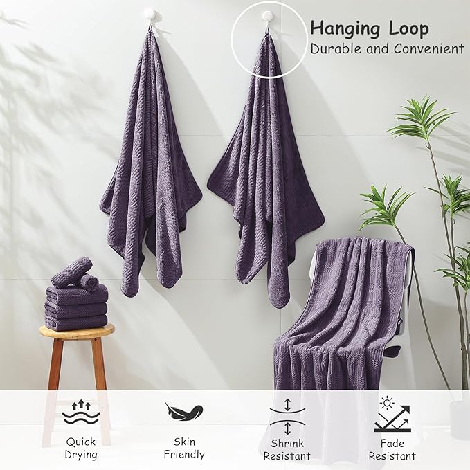 18 Pcs Purple Woven Family Towels Set-6 Bath Sheets,6 Hand Towels,6 Washcloths Soft Polyester Towels Absorbent Shower Towel Quick Dry Beach Chair Towel Lint Less Towels Set for Bathroom Spa Gym Hotel