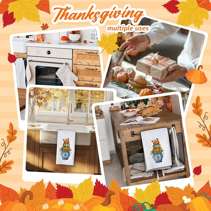 Chinoiserie Fall Pumpkin Hand Towels for Kitchen Decor,1PCS Blue and White Porcelain Thanksgiving Tea Dish Towel,Farmhouse Pumpkin Decor for Bathroom,Anthropology Autumn Gifts for Women-B04