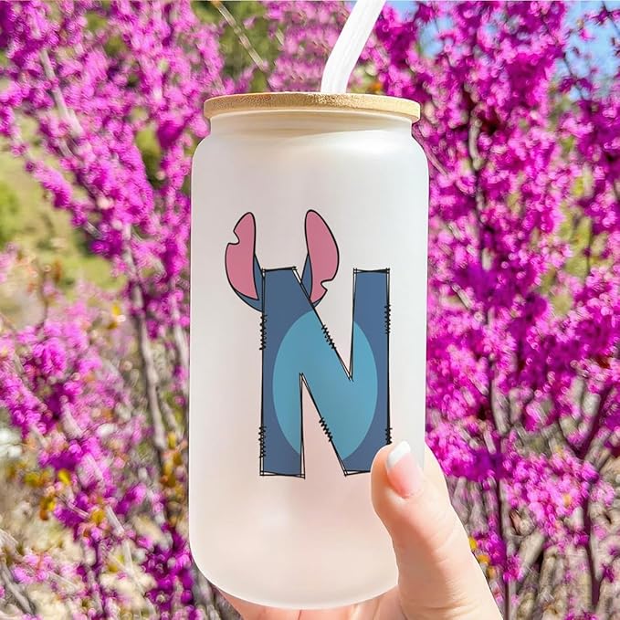 Cute Cartoon Lover Gifts Initial A-Z Personalized Iced Coffee Cup Cartoon Merch 16oz Glass Cup with Lid and Straws Birthday Christmas Gifts for Women Teen Girls Fans (Letter N)