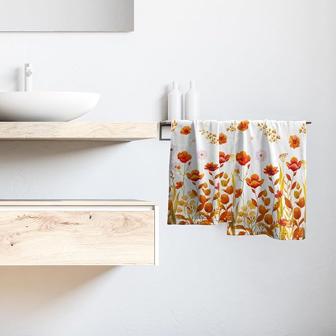Imiss Orange Wildflowers Hand Towels Fall Yellow Poppy Floral Watercolor Botanical Bathroom Towel Set of 2 Autumn Seasonal Soft Absorbent Bath Guest Towels for Gym,Spa,Hotel